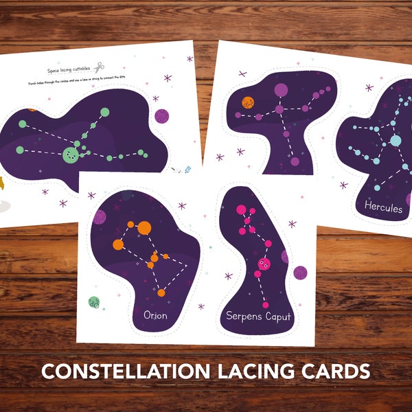 Constellation Lacing Cards, Space Lacing Cards, Solar System, Lacing Cards Montessori, Printable Lacing Cards, Fine Motor Activity