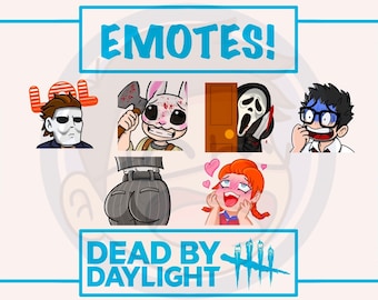 Könnte beinhalten: Digitales Kunstwerk mit Emotes aus dem Spiel "Dead by Daylight". Das Bild zeigt Charaktere wie Michael Myers, die Jägerin und Ghostface, jeweils mit unterschiedlichen Ausdrücken. Der Text lautet "EMOTES!" und "DEAD BY DAYLIGHT."