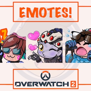 May include: Three Overwatch 2 character emotes. The first emote is a pink-haired woman with sunglasses and a cat ear headband, making an "EZ" gesture. The second emote is a purple-skinned woman with a spider-like head, blowing a kiss. The third emote is a brown-haired woman with glasses, crying. The text "EMOTES!" is at the top of the image, and the text "OVERWATCH 2" is at the bottom.