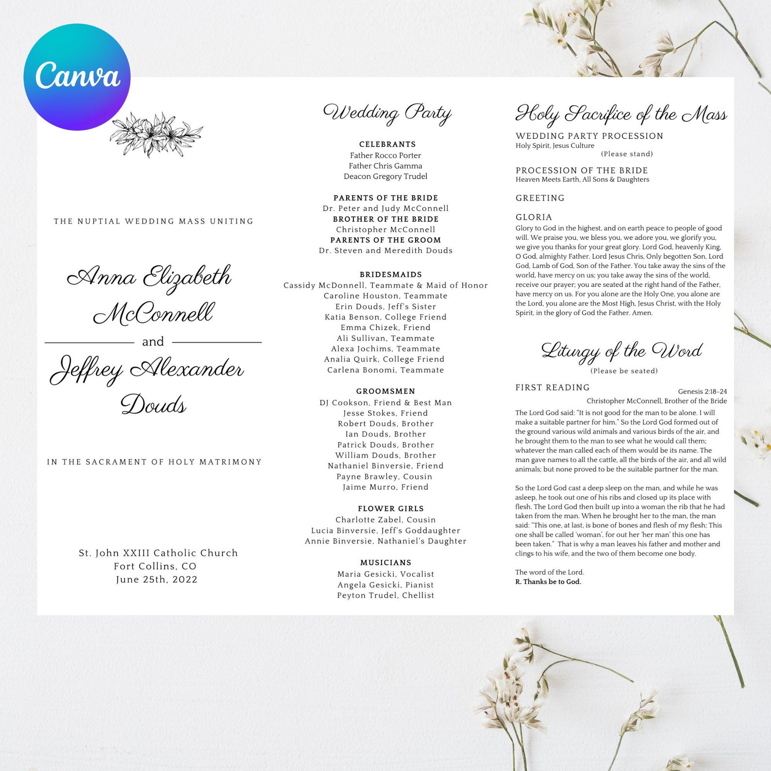 Mass Program Design Simple Trifold Catholic Wedding Mass Program Template: Editable Canva Design ...