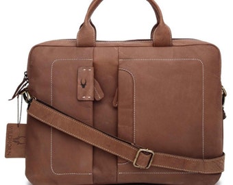 Echt Leder Aktentasche Lehrertasche für Damen Herren Umhängetasche Businesstasche Messenger Notebook Laptop Tasche Veloursleder Beige MB215