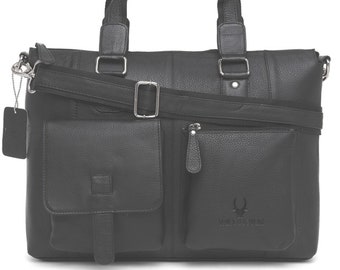 Porte-documents en cuir véritable Sac d’enseignant pour femmes Hommes Sac à bandoulière Sac d’affaires Messenger Notebook Laptop Bag Nappa Cuir Noir MB519S