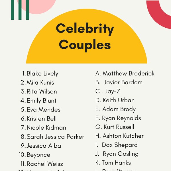 Celebrity Couple Matching Game Etsy