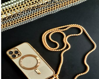 Mobile phone chain Noble universal necklace Elegant shoulder chain gold metal silver beads leather look with carabiner and patch for mobile phone case