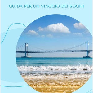 Könnte beinhalten: Ein Reiseführer-Cover mit dem Wort "BUSAN" in großen, dunkelblauen Buchstaben. Darunter ist der Text "GUIDA PER UN VIAGGIO DEI SOGNI" zu sehen. Das Bild zeigt eine Brücke über dem Meer, einen Strand und eine blaue Straßenbahn-Illustration.