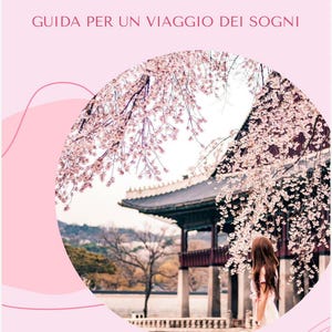 Puede incluir: Portada de guía de viaje rosa con la palabra "SEOUL" en letras marrones. La imagen presenta un templo coreano enmarcado por un círculo, con flores de cerezo y una ilustración de avión rosa. El texto dice "GUIDA PER UN VIAGGIO DEI SOGNI" y "BY CIAONOEMIE."