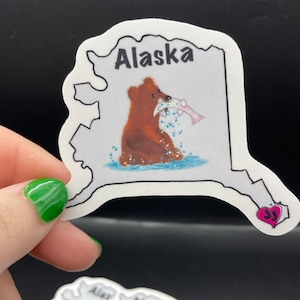 Alaska State Outline Sticker - Bear Fishing