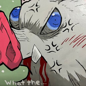 May include: A close-up of a cartoon boar with a pink snout, blue eyes, and red markings on its face. The boar is looking to the right and has a fierce expression. The background is green with white dots. The text "what the..." is written in black at the bottom of the image.