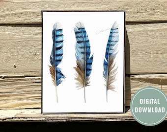 Blue Jay Feather Watercolor Art Print: Blue Bird Wall Decor (Digital Download)