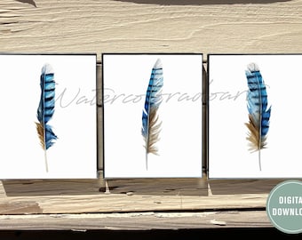 Watercolor Blue Jay Feather Print Set: Boho Wall Art (Digital Download)