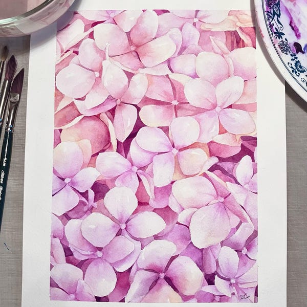 Original 23x30 rosa Hortensien Aquarell: Botanische Blumenkunst