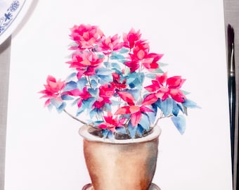 ポインセチアの絵画 クリスマスフラワー水彩画 花のアートプリント
