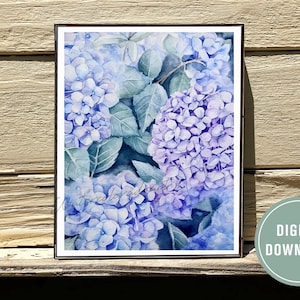Blue and Purple Hydrangea Watercolor Print, Blue Hydrangea Painting, Purple Hydrangea Painting, Botanical Decor, Floral Wall Art