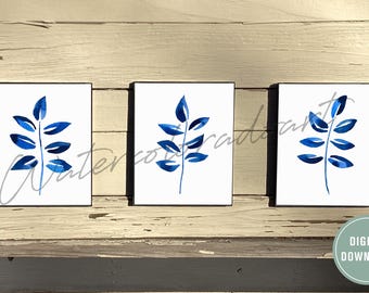Prussian Blue Watercolor Leaf Print Set: Indigo Botanical Art (Digital Download)
