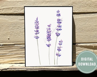 Watercolor Lavender Flowers Wall Art, Farmhouse Decor, Botanical Print, Purple Wall Art, Wildflower Print, Instant Digital Download