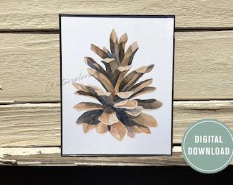 Watercolor Realistic Pine Cone Print, Forest Wall Art, Printable Neutral Botanical Art, Rustic Winter Decor, Instant Digital Download