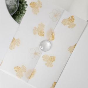 Vellum sleeve 5x7. wedding invitations cover. Printed gold vellum wedding jacket, vellum paper invitation cover