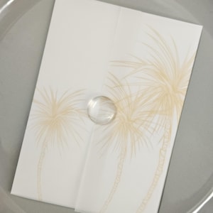 Vellum wrap gold palm tree, 5x7 vellum beach wrap, Printed gold palm tree vellum wedding invitation cover, vellum invitation sleeve