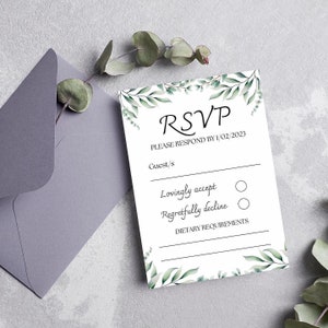 Cartões de RSVP botânicos de vegetação verde-sálvia, convites de RSVP de casamento, cartão postal de RSVP de chá de bebê de batismo de aniversário, cartão de RSVP verde impresso