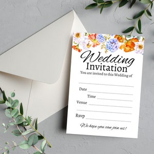 Blumen Herbst Blanko Hochzeit Einladungen Bündel und Briefumschläge, Burnt orange Budget HochzeitSeinladungen, Set von 10 flachen eleganten Einladungen