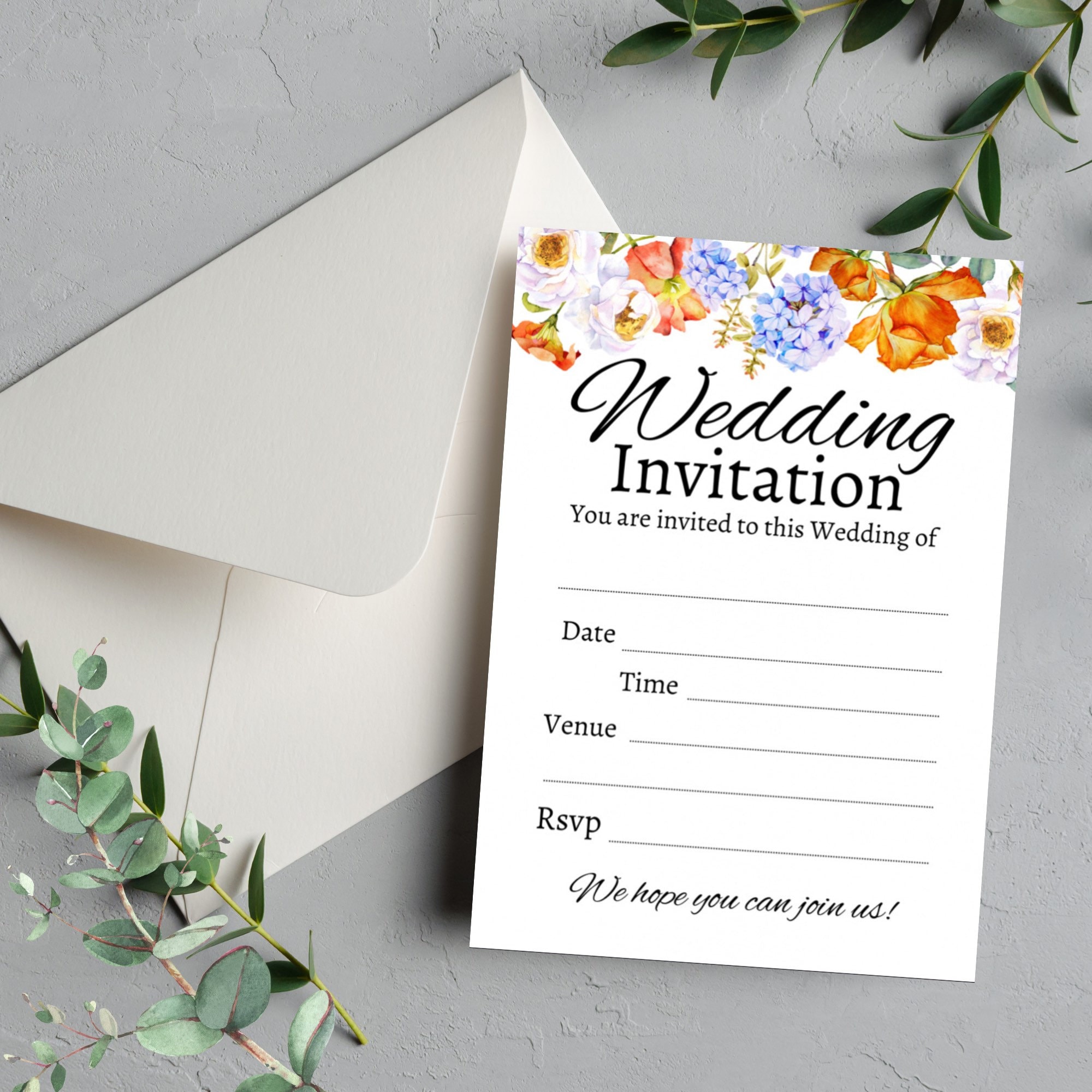 Floral Autumn Blank Wedding Invitations Bundle and Envelopes