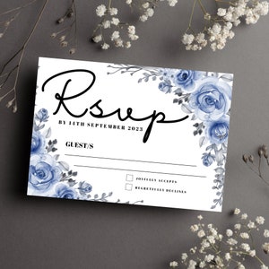 Rsvp-kaarten met enveloppen, Rsvp-huwelijksuitnodigingen stoffig blauw, bloemenblauwe bruiloft insteekkaartenset, Rsvp-kaarten modern bruiloftsthema
