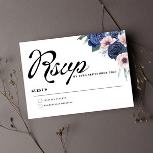 Cartões RSVP azul e rosa empoeirados com envelopes, RSVP casamento aniversário batizado chá de bebê festa, pacote RSVP impresso