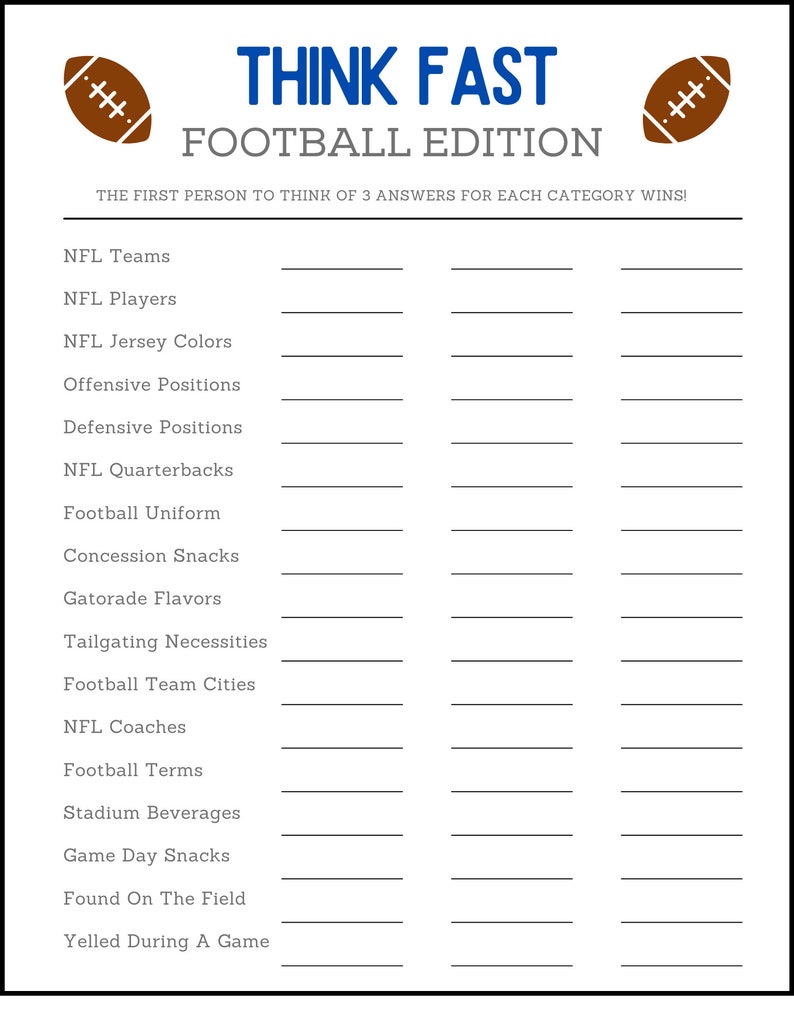 Football Party Games Instant Download Blue and Silver Tailgate Games