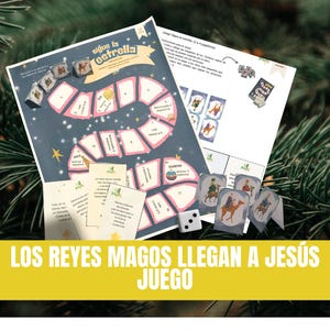 Könnte beinhalten: Ein Brettspiel mit Sternenmotiv, das einen gewundenen Pfad und Spielfiguren mit den Heiligen Drei Königen zeigt. Das Spiel enthält Karten und einen Würfel, mit dem Text "LOS REYES MAGOS LLEGAN A JESÚS JUEGO" unten.