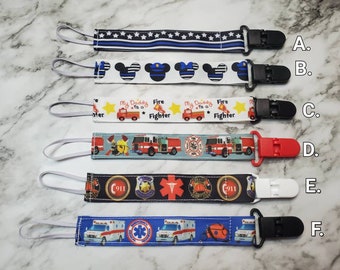 Pacifier Clip/ Baby shower gift / fabric pacifier clip / handmade baby present / Police / Fireman / EMT / Fire Fighter