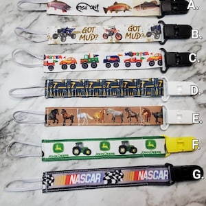 Pacifier Clip/ Baby shower gift / fabric pacifier clip / handmade baby present / Fishing / Tools / Horses / Tractor / Race Car