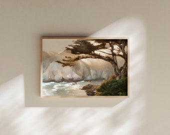 May include: A framed painting of a coastal scene with a large tree with branches reaching out over the water. The water is a light blue and the sky is a light gray. The cliffs are a light brown and the tree is a dark green.