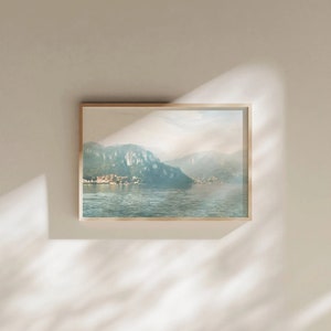 Lake Como Italy Oil Painting Fine Art Print Landscape Muted Serene Peaceful Calming mountains countryside blue Amalfi Italian