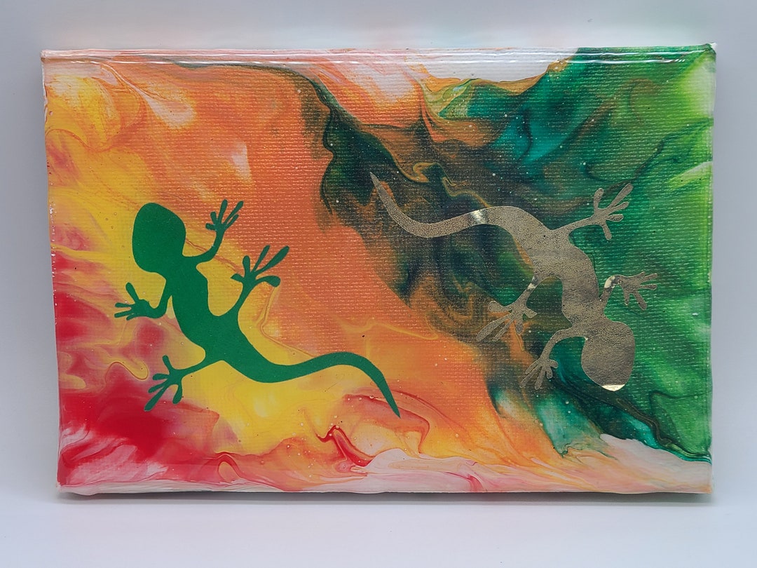 4X6 Canvas Lizards Acrylic Paint Pour Abstract Art, Epoxy Resin Sealed