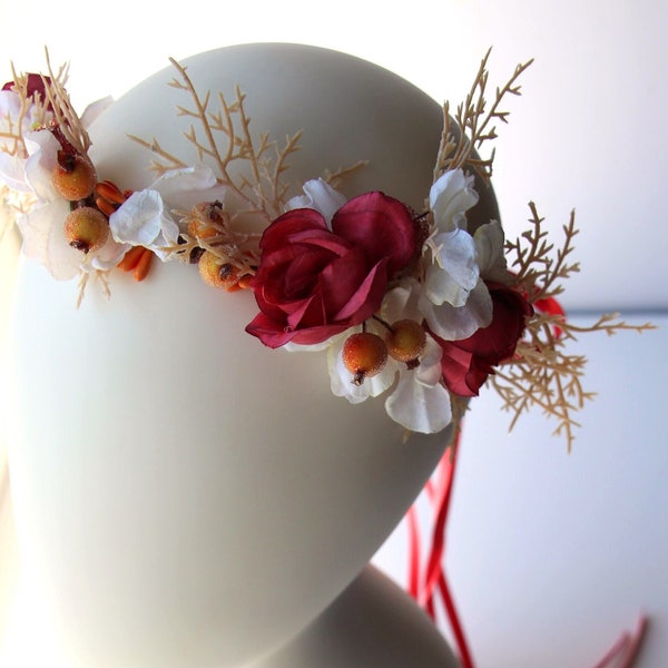 Red White floral hair accent crown with boutonniere, Red Roses  and Orange berries crown, Red and White hair accessory