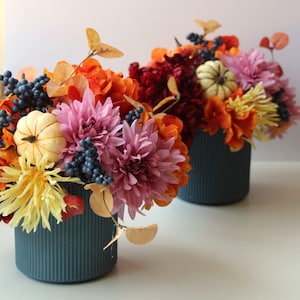 Fall Floral Arrangement in Ceramic Pot, Fall Artificial Flowers and Pumpkins, Autumn Centerpiece