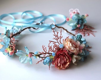 Tropical Floral Headband with Vibrant Blue & Pink Flowers Elegant Fascinator Flamingo Pink & Aqua Blue // Bridal  main image 4