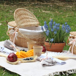 Romantic Picnic Basket Set for Two: Wicker Basket with Linen & Bamboo