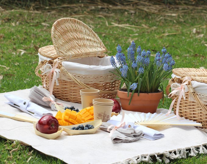 Romantic Picnic Basket Set for Two – Wicker Basket with Linen & Bamboo Tableware