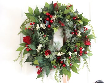 Large winter Red Berry Wreath, Winter Berry wreath, Red Green Classic Wreath, Front Door Winter Wreath, Red Berry accent decor.