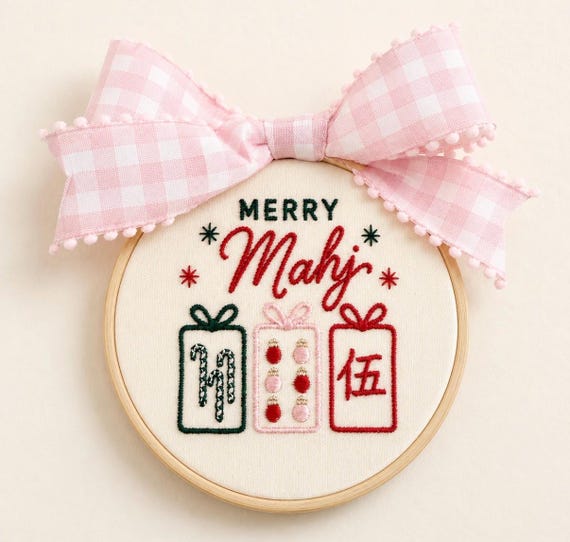 Embroidered Mahjong Christmas Ornament, Wooden Hoop, Gingham Bow Gift