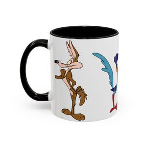 Vintage Cartoon Character Accent Coffee Mug, Nostalgia Wraparound Cup, Wylie Coyote Road Runner, Gender Reveal 11oz 15oz