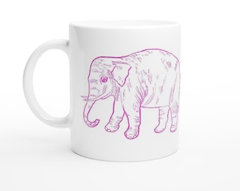Pink Elephant Mug (11oz Ceramic Mug). Ideal for left-handed coffee drinkers. Nice mug with cute elephant illustration. Artist designed.