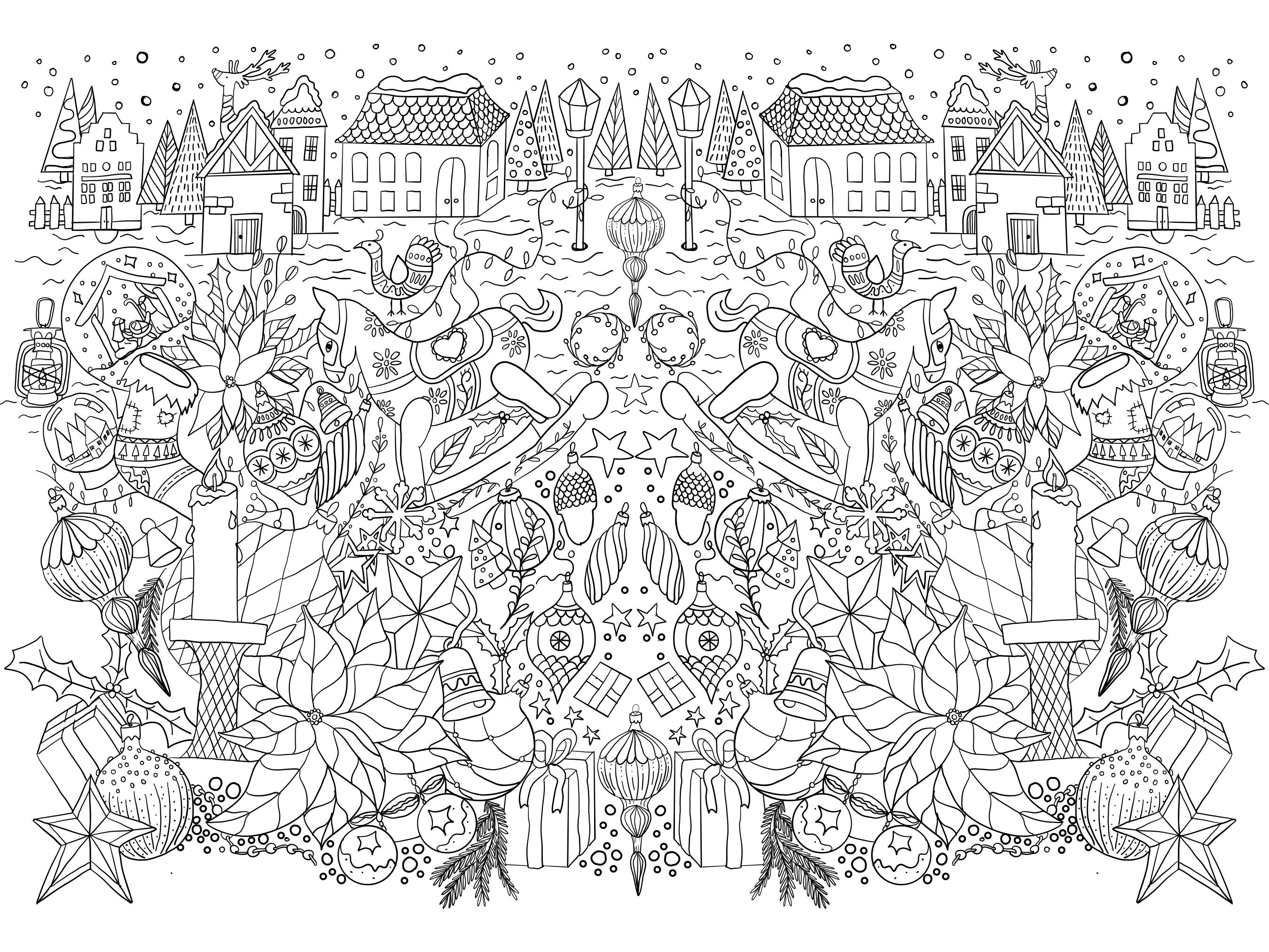 Giant Christmas Coloring Poster Holiday Printables Black and White Large  Coloring Pages Flower Christmas Tree Decorations 