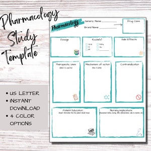 Printable Pharmacology study template, Nursing school pharmacology template, student nurse study guide, student nurse flashcards