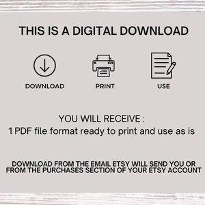 Puede incluir: Un gr&aacute;fico de descarga digital con iconos para descargar, imprimir y usar. El texto dice "Esto es una descarga digital. Recibir&aacute;s: 1 archivo PDF en formato listo para imprimir y usar tal cual. Descarga desde el correo electr&oacute;nico que Etsy te enviar&aacute; o desde la secci&oacute;n de compras de tu cuenta de Etsy."