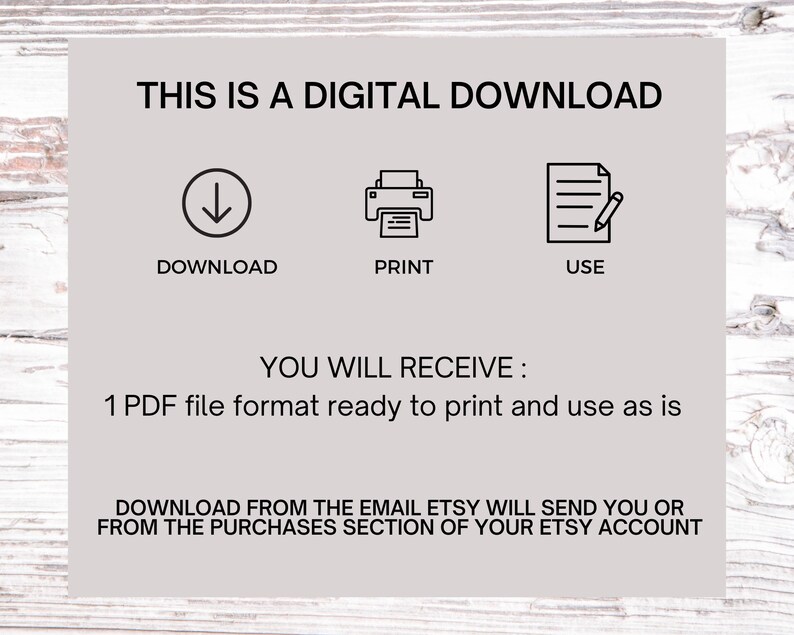 Puede incluir: Un gr&aacute;fico de descarga digital con iconos para descargar, imprimir y usar. El texto dice "Esto es una descarga digital. Recibir&aacute;s: 1 archivo PDF en formato listo para imprimir y usar tal cual. Descarga desde el correo electr&oacute;nico que Etsy te enviar&aacute; o desde la secci&oacute;n de compras de tu cuenta de Etsy."