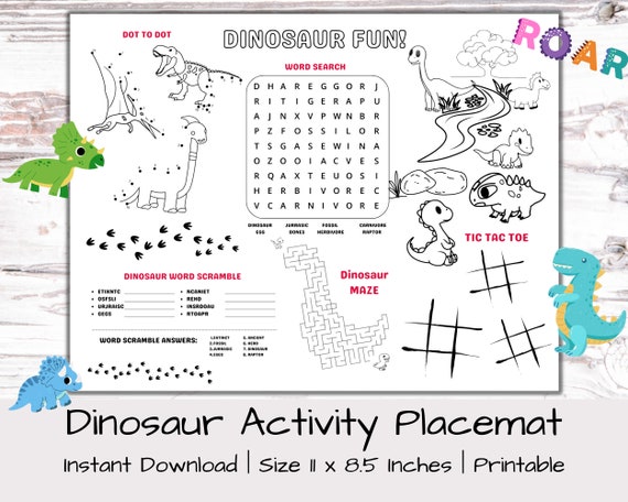 Dino Coloring Page |Printable Dinosaur Placemat |Dinosaur Activity Sheet |Kids Coloring Page |Worksheet for kids |Dinosaur Party Placemat