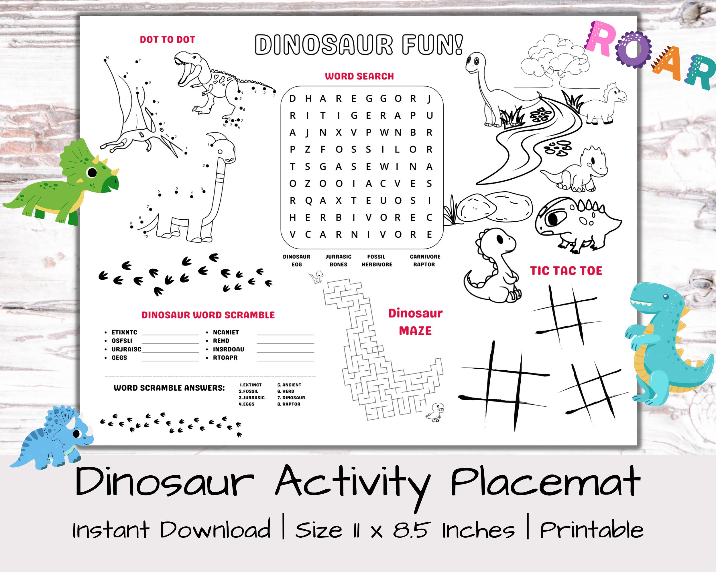 Dino Coloring Page |printable Dinosaur Placemat |dinosaur Activity ...