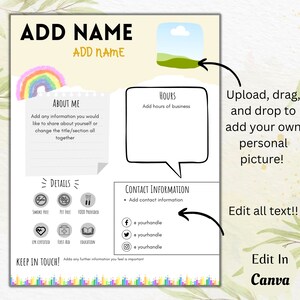 May include: A customizable template for a business card with a rainbow border. The template includes sections for the business name, contact information, hours of operation, and details about the business. The template also includes a space for a personal picture.